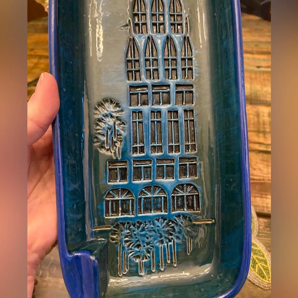 Vintage Bitossi Blue Glaze Campus Pattern Italian Rectangular Plate - Picture 7 of 13